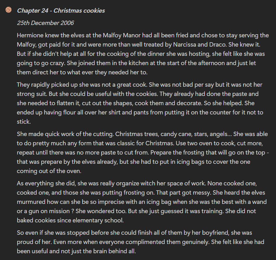 Chap 24 - Christmas cookies : 25th December 2006 (happen before Chap 16)
x.com/hpadventprompt…