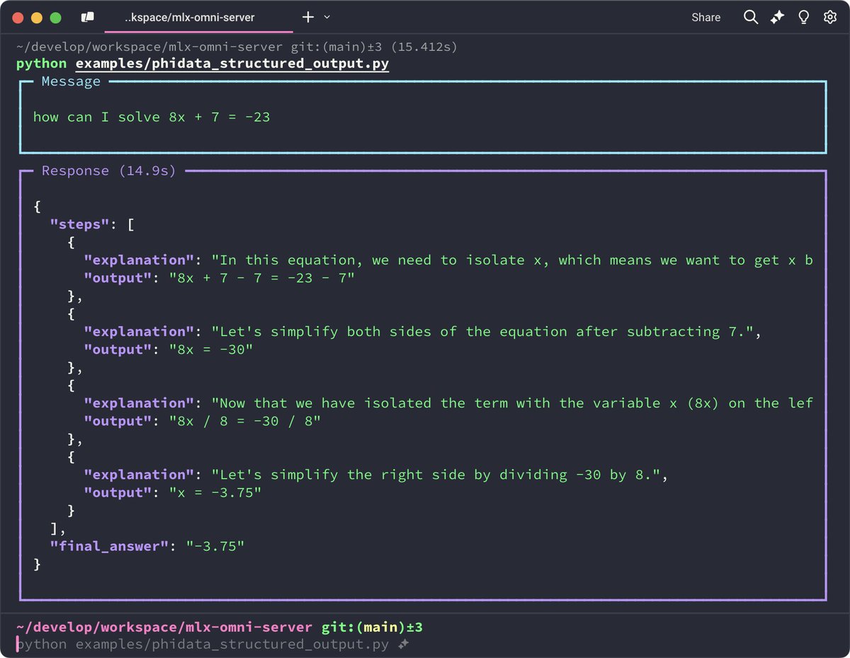 Madroidmaq's tweet photo. 🔍 New in v0.3.0:
- OpenAI-compatible Structured Output
- Configurable worker parallelism
- Pydantic model integration

Check out how easy it is to use! ⬇️

#MLX #LocalAI https://t.co/420fH1vIOF