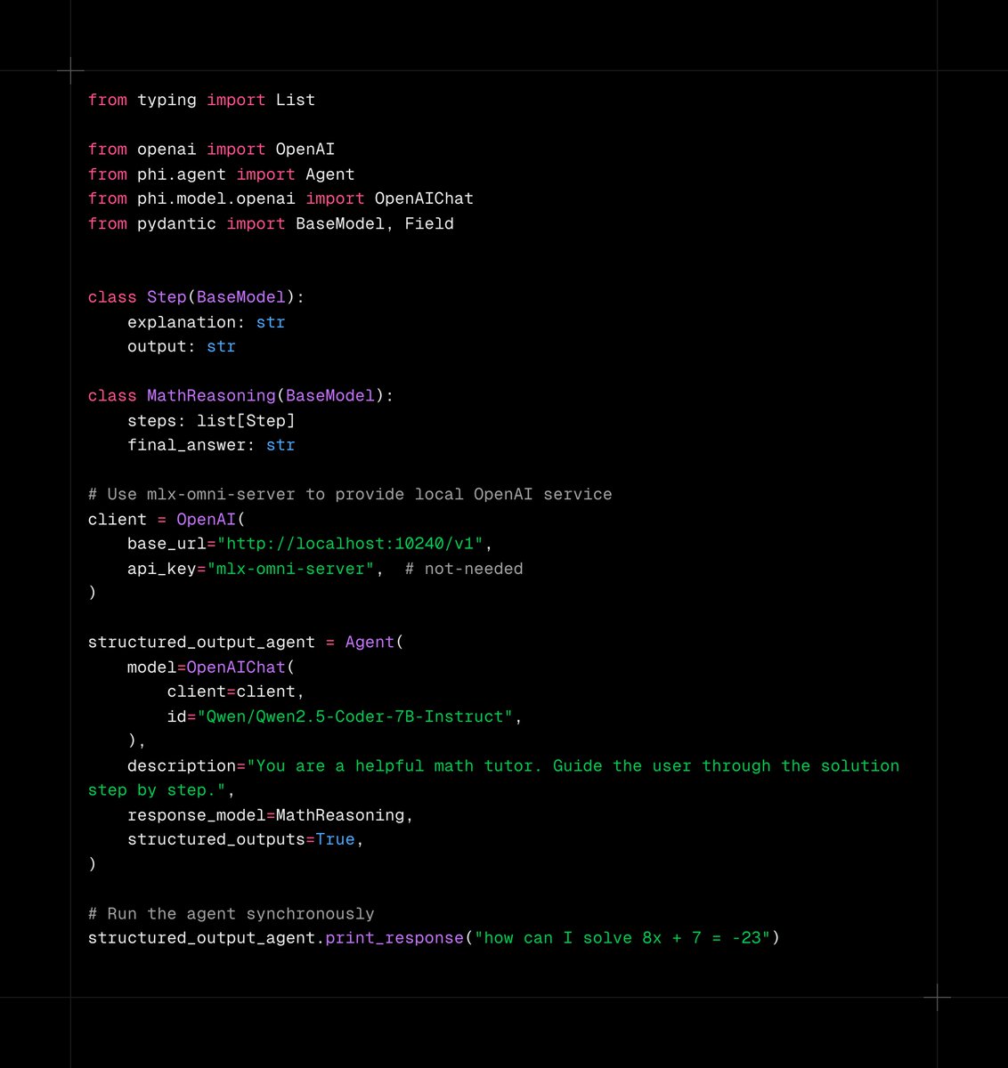 Madroidmaq's tweet photo. 🔍 New in v0.3.0:
- OpenAI-compatible Structured Output
- Configurable worker parallelism
- Pydantic model integration

Check out how easy it is to use! ⬇️

#MLX #LocalAI https://t.co/420fH1vIOF