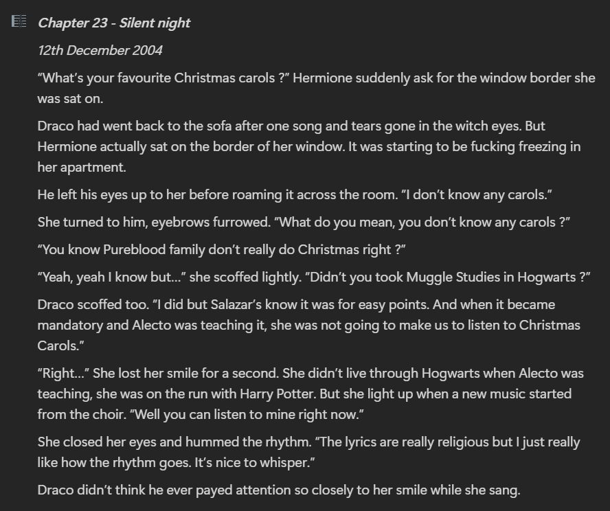 Chap 23 - Silent night : 12th December 2004 (followiing directly after Chap 12)
x.com/hpadventprompt…