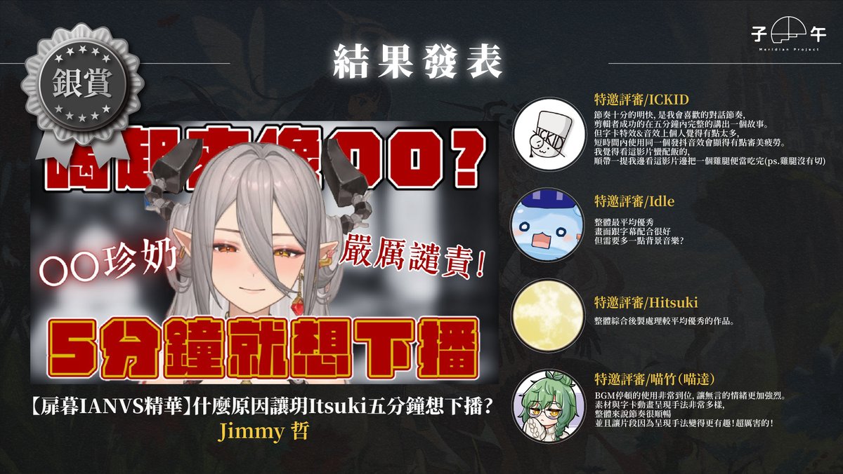 MeridianPRJ_tw's tweet photo. 《扉暮IANVS》出道精華剪輯比賽－名次公布📢
非常感謝各位投稿者的熱情參與，得獎名單已經正式揭曉！

🟡 金賞－蝦餅
手握鎖鏈掌握著惡魔的…天使？ #扉暮 ⁠#子午計畫 #暮扉定律

⚪ 銀賞－Jimmy 哲
【扉暮IANVS精華】什麼原因讓玥Itsuki五分鐘想下播? #扉暮 ⁠#子午計畫 #暮扉定律

🟤 銅賞－ジャンジュンシ
【祈Iruni精華】魯尼造謠記 #扉暮 ⁠#子午計畫  #暮扉定律

🟢 佳作－阿氷
【玥Itsuki】我不是鍬形蟲 #扉暮 ⁠#子午計畫 #暮扉定律 #vtuber #台灣vtuber #shorts

🟢 佳作－小綠綠 / 格利姆
祈Iruni 討厭吃火鍋的原因竟然是因為她 #扉暮 ⁠#子午計畫 #暮扉定律

↓影片連結留言下收↓

我們將在近期以email聯繫得獎者，請注意收取信箱裡的郵件。
讓我們再次恭喜以上五位得獎者，也歡迎各位前去欣賞 #暮扉定律 更多精彩的影片！