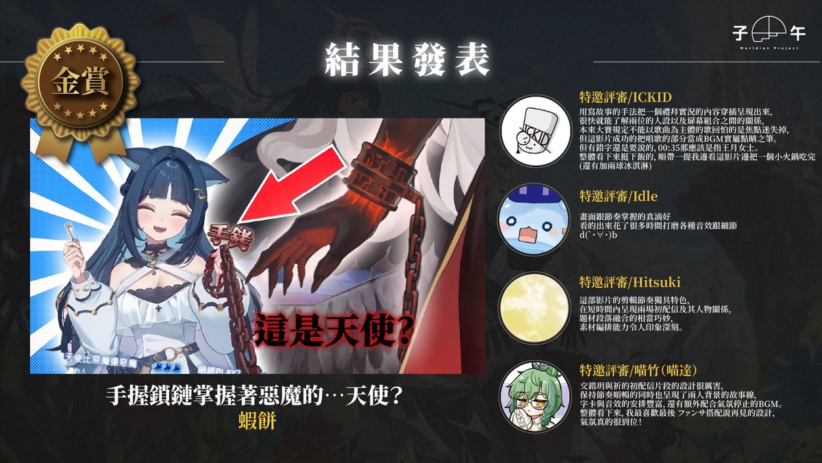 MeridianPRJ_tw's tweet photo. 《扉暮IANVS》出道精華剪輯比賽－名次公布📢
非常感謝各位投稿者的熱情參與，得獎名單已經正式揭曉！

🟡 金賞－蝦餅
手握鎖鏈掌握著惡魔的…天使？ #扉暮 ⁠#子午計畫 #暮扉定律

⚪ 銀賞－Jimmy 哲
【扉暮IANVS精華】什麼原因讓玥Itsuki五分鐘想下播? #扉暮 ⁠#子午計畫 #暮扉定律

🟤 銅賞－ジャンジュンシ
【祈Iruni精華】魯尼造謠記 #扉暮 ⁠#子午計畫  #暮扉定律

🟢 佳作－阿氷
【玥Itsuki】我不是鍬形蟲 #扉暮 ⁠#子午計畫 #暮扉定律 #vtuber #台灣vtuber #shorts

🟢 佳作－小綠綠 / 格利姆
祈Iruni 討厭吃火鍋的原因竟然是因為她 #扉暮 ⁠#子午計畫 #暮扉定律

↓影片連結留言下收↓

我們將在近期以email聯繫得獎者，請注意收取信箱裡的郵件。
讓我們再次恭喜以上五位得獎者，也歡迎各位前去欣賞 #暮扉定律 更多精彩的影片！