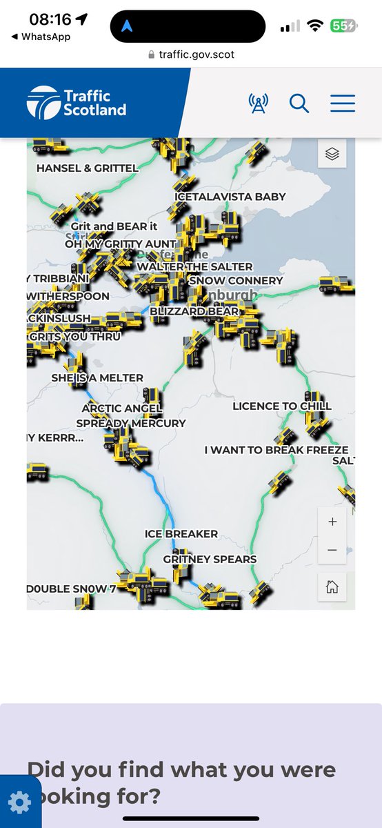 The naming of Scotland’s gritting lorries and snow ploughs is superb. Highlights include Gritney Spiers, Spready Mercury, Robert Brrrns, Sled Zepplin, Licence to Chill and many more ❄️ 

traffic.gov.scot/gritter-tracker