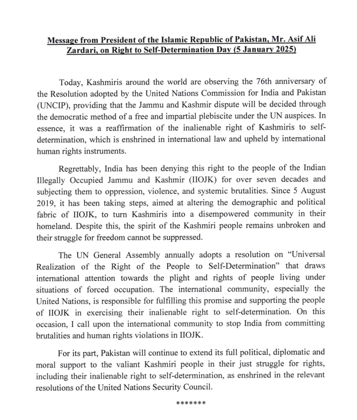 PakinKyrgyzstan's tweet image. Messages from the President, Prime Minister and Deputy Prime Minister/Foreign Minister of Pakistan on  Right to Self-Determination Day, 5th January 2025 for the people of Indian Illegally Occupied Jammu and Kashmir (IIOJK). 
#KashmiriLivesMatter 
#RightToSelfDetermination