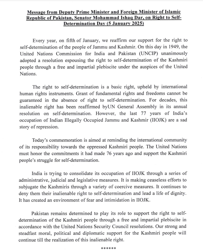 PakinKyrgyzstan's tweet image. Messages from the President, Prime Minister and Deputy Prime Minister/Foreign Minister of Pakistan on  Right to Self-Determination Day, 5th January 2025 for the people of Indian Illegally Occupied Jammu and Kashmir (IIOJK). 
#KashmiriLivesMatter 
#RightToSelfDetermination