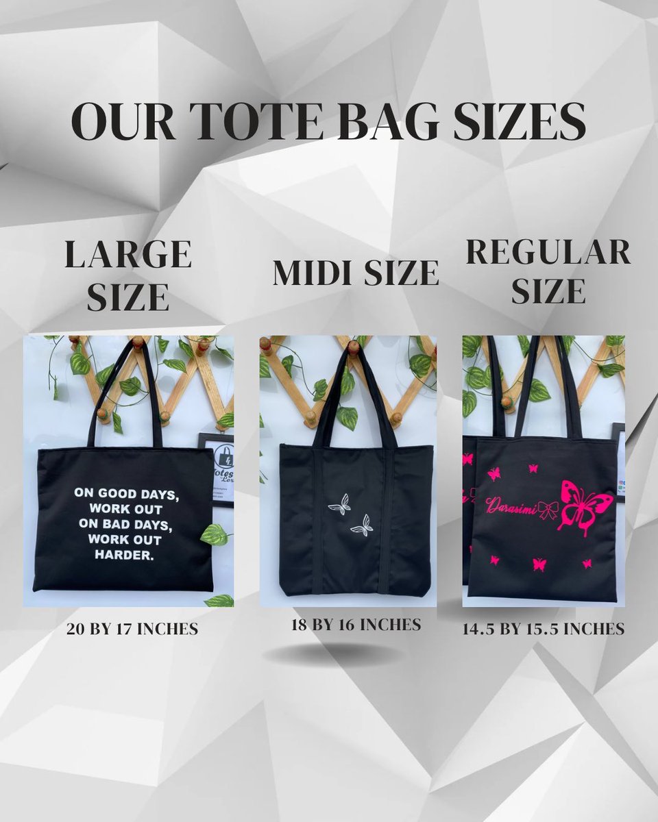 totesbylore's tweet photo. Our tote bags come in different sizes for different purposes 🥰

Send a dm to order or click the link in the bio 

Please kindly rt 
@_DammyB_ @UnclebeeOla https://t.co/uQQdNr3Kht