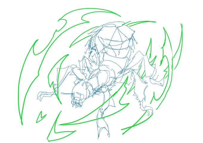 次に何か描きたいもののラフ取るかと思って描いたら、めっちゃ緑になった赤も描きたいけど好きな虫大体収録されてる…!!それはそれで良いこと 