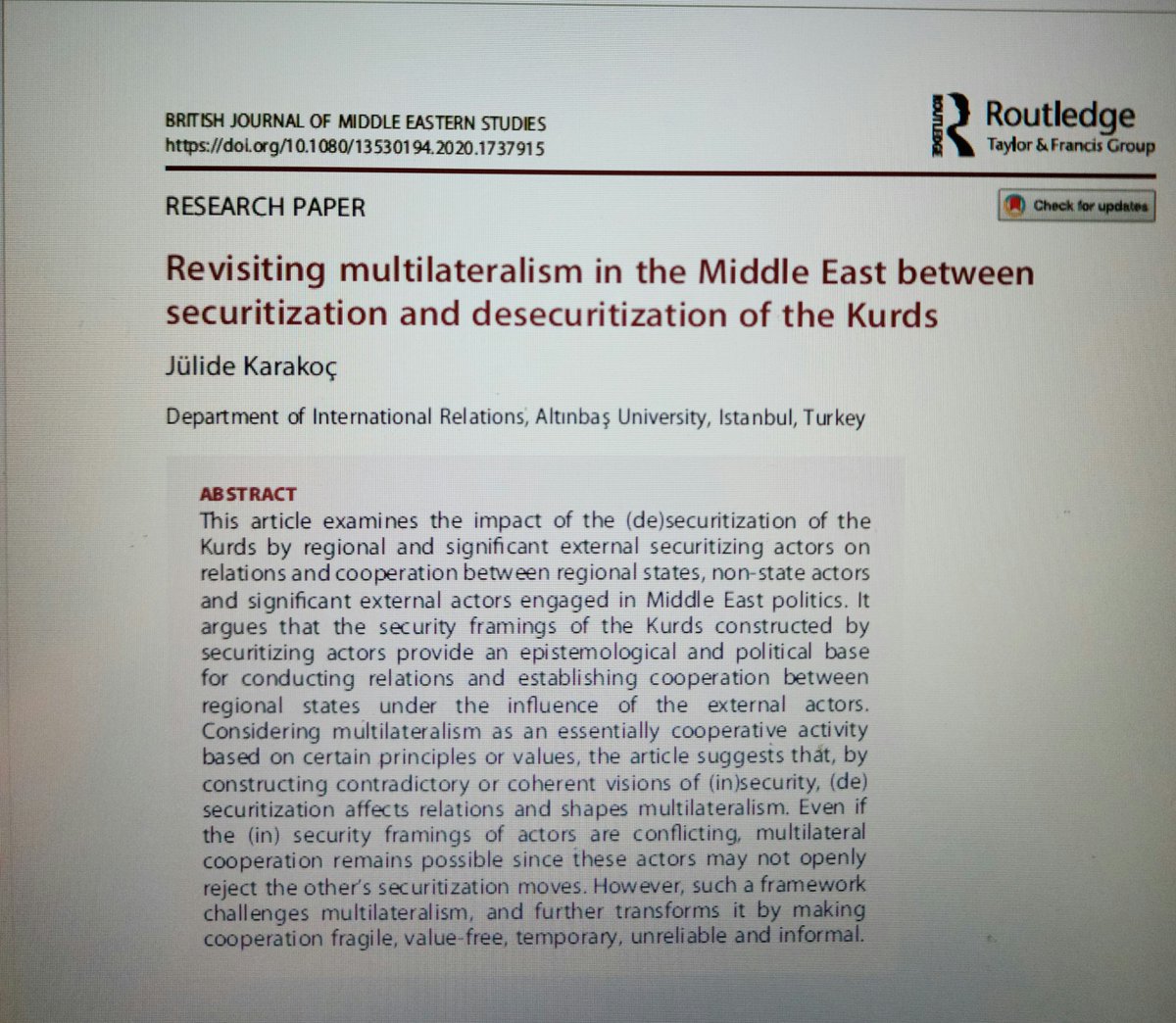 julide_karakoc's tweet photo. My previously published article, which examines how the Kurds are either securitized or desecuritized based on the political context, and how this shapes cooperation, may be a timely read!
You can access it through this link: https://t.co/Io6UmcvtKi https://t.co/babEgZeBE5