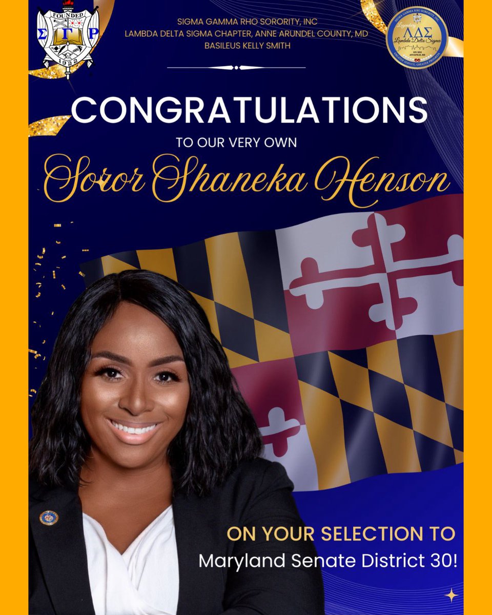 Legendary_LDS's tweet photo. Congratulations to our own LDS Soror, Delegate Shaneka Henson who was chosen to fill the Maryland Senate District 30 seat, vacated earlier this week by Congresswoman Sarah Elfreth! We are proud of you! 💙💛🎉 https://t.co/SHGdmozRgn