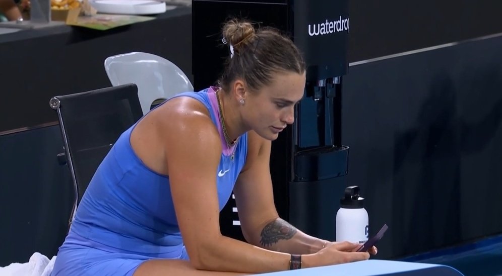 Sabalenka checking twitter after winning Brisbane