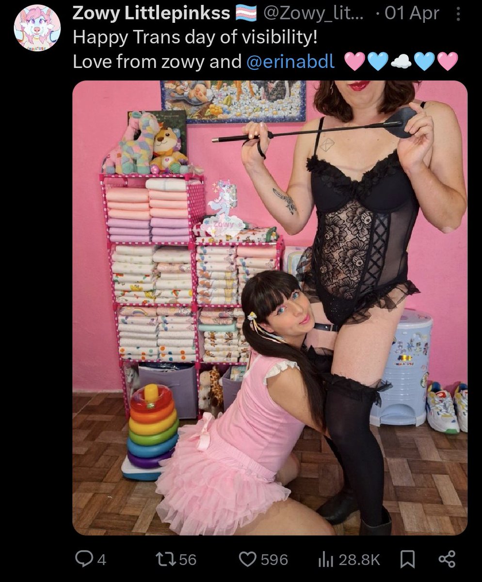 WomenReadWomen's tweet photo. Mexico City - adult man waving a "trans babyfur" flag during Pride.

"Zowy" identifies as a little girl, makes porn of himself pretending to be a female toddler, and has diaper, urine, lactation, furry and age regression fetishes. https://t.co/R1IyWll34G
