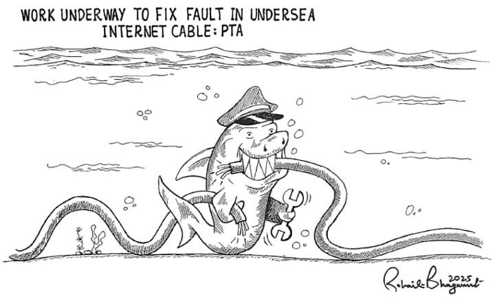 iUmarKhattak's tweet image. Breaking news: Captain Shark to the rescue. Internet repair operations are in full swing undersea—let&apos;s hope the Wi-Fi signal doesn&apos;t get... fishy.🦈 #InternetFix