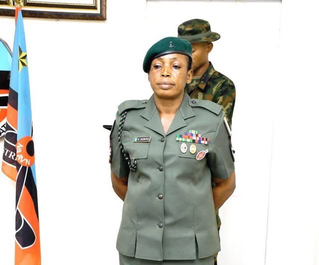 NIGERIAN ARMY DECORATES FIRST FEMALE INFANTRY CORPS ARMY WARRANT OFFICER IN ABUJA

In a historic milestone, the Nigerian Army Women Command celebrated the promotion of Army Warrant Officer Hajara Egbunu on Friday, January 3, 2025. Brigadier General Mathias Amatso, Commander of