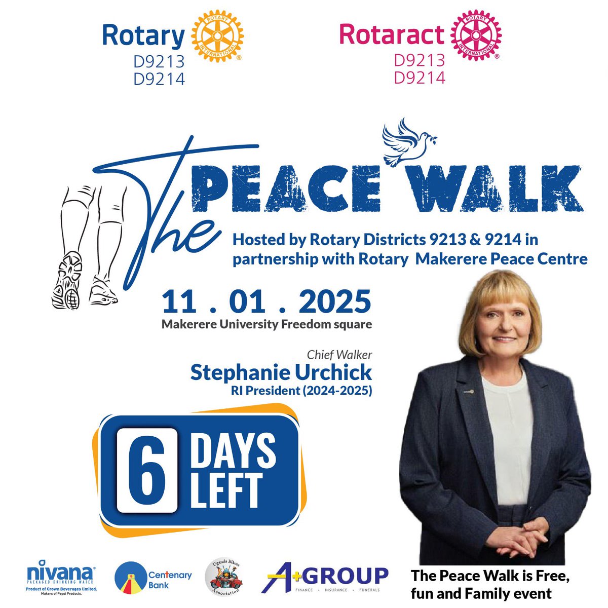 HCP_Maggie's tweet photo. This Saturday, @RotaryD9214 and @RotaryD9213 are walking for peace with our @Rotary International President. It’s more than just a walk – it’s a united stand for peace, hope, and positive change. Let’s make our steps count!
*#RIPresidentVisitsUG* *#PeaceWalk2025*
*#11thJanuary* https://t.co/mfF27P9ibm