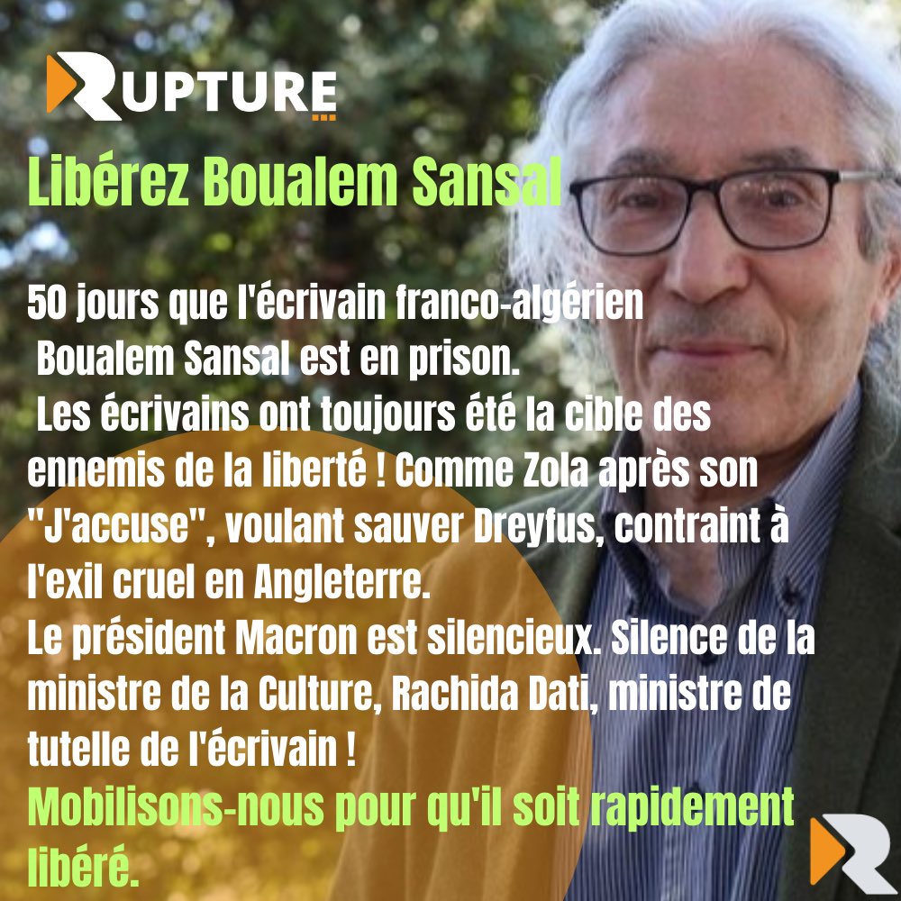 IL A ÉTÉ ARRÊTÉ LE 16 NOVEMBRE 

50 jours que l’écrivain franco-algérien #BoualemSansal est en prison
#LiberezBoualemSansal 
✍️ Par Marie Dolores Prost 
rupture-mag.fr/actualite/50-j…