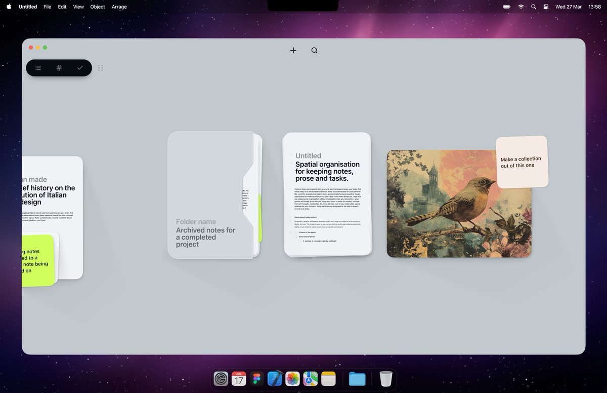 tbsrnstrm's tweet image. Being a visual person, I think I'd love something like this to keep track of notes and thoughts. A free space for various snippets + calm, focused long form writing. Is that just me? What's your feeling on this way of organizing your thoughts?