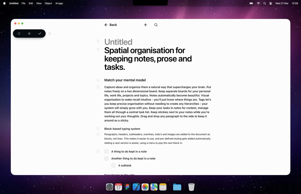 tbsrnstrm's tweet image. Being a visual person, I think I'd love something like this to keep track of notes and thoughts. A free space for various snippets + calm, focused long form writing. Is that just me? What's your feeling on this way of organizing your thoughts?