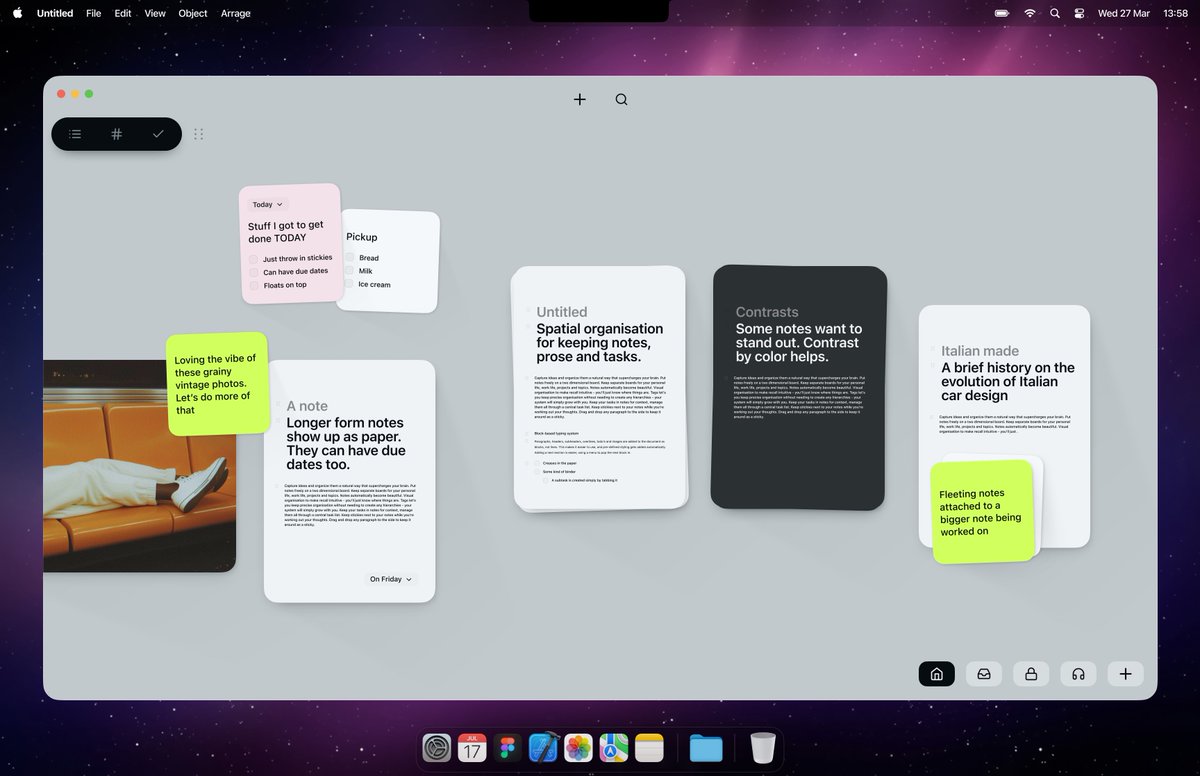 tbsrnstrm's tweet image. Being a visual person, I think I'd love something like this to keep track of notes and thoughts. A free space for various snippets + calm, focused long form writing. Is that just me? What's your feeling on this way of organizing your thoughts?