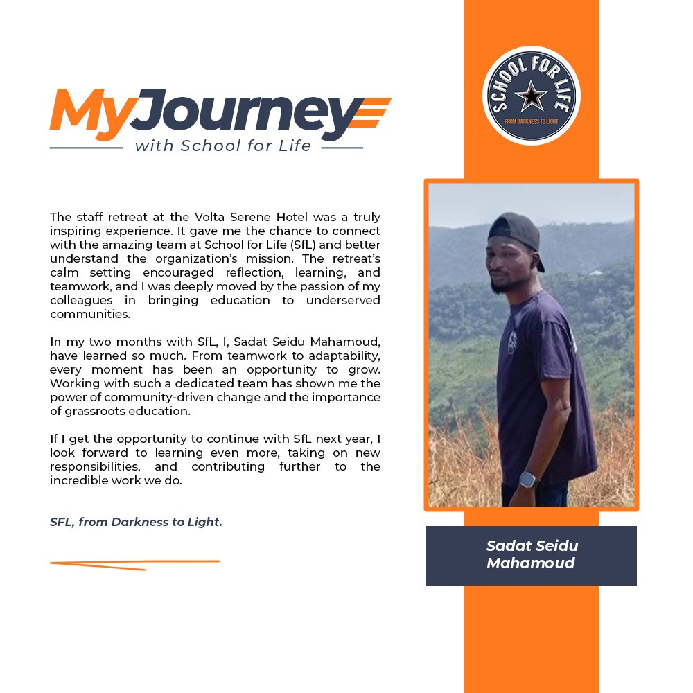SchoolforLifeG1's tweet photo. || My Journey with School for Life ||
The journey with our team members still continues and this time, it is Sadat's turn.
Thank you for your selfless service to SfL.
#SfLAt30 #SfLGhana
#SchoolforLifeAt30
#SfLStaffRetreat2024
#SchoolforLifeGhana
#SfLIn2025 #FromDarknessToLight https://t.co/21DLSsm1cA