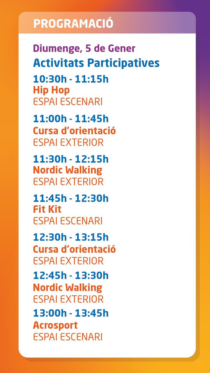 ✅ Encetem la darrera jornada de #TOTESPORT360.

🎟️ Entrades ESGOTADES

💪 Treballarem perquè més persones puguin gaudir d’aquest espai lúdic esportiu de Nadal en properes ocasions.

#EsportperaTothom #SalutActiva