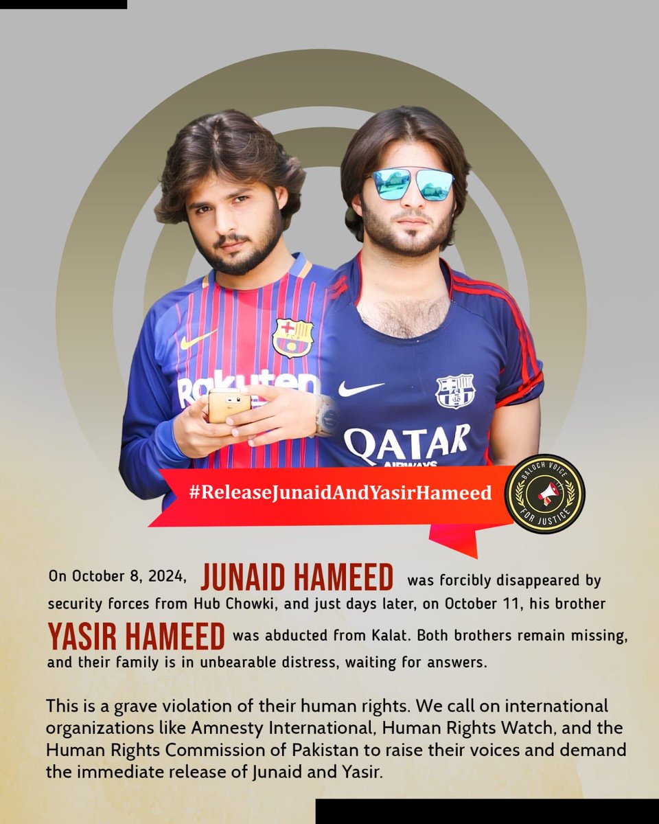 ImaanZHazir's tweet photo. Two brothers, Junaid Hameed &amp; Yasir Hameed, were forcibly disappeared on 8 and 11 October. Please raise your voice to demand their release! 

This is not the first family affected by enforced disappearances of multiple family members. 

#ReleaseJunaidAndYasirHameed https://t.co/EFIR4IsJyj