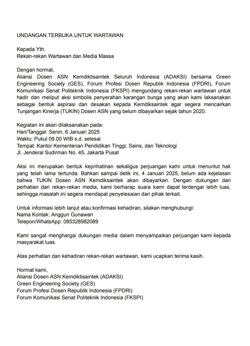 tukin_dosenASN's tweet photo. Undangan Terbuka untuk Rekan-rekan Wartawan seluruh Indonesia.
Atas nama ADAKSI (Aliansi Dosen ASN @Kemdiktisaintek Seluruh Indonesia), kami mengundang teman-teman untuk meliput aksi yang terpaksa kami lakukan. Mohon dukungannya untuk liputan dan siarannya @detikcom
@detik_edu  @kompascom @tempodotco
@NarasiNewsroom
@Metro_TV
@tvOneNews
@CNNIndonesia
@BBCIndonesia
@SINDOnews
@jawapos
@mediaindonesia
@Bisniscom
@tribunnews
@pikiran_rakyat
@suaramerdeka
@republikaonline
@Lambe_Turah

Mohon bantu viralkan teman teman
@kikysaputrii
@ardisatriawan
@ikhwanuddin
@iaridlo
@CityJaxk
@Gerindra
@direktoridosen
@pejabrut
@PNS_Ababil
@BudiBukanIntel
@nabiylarisfa 
@ASN_TELADAN