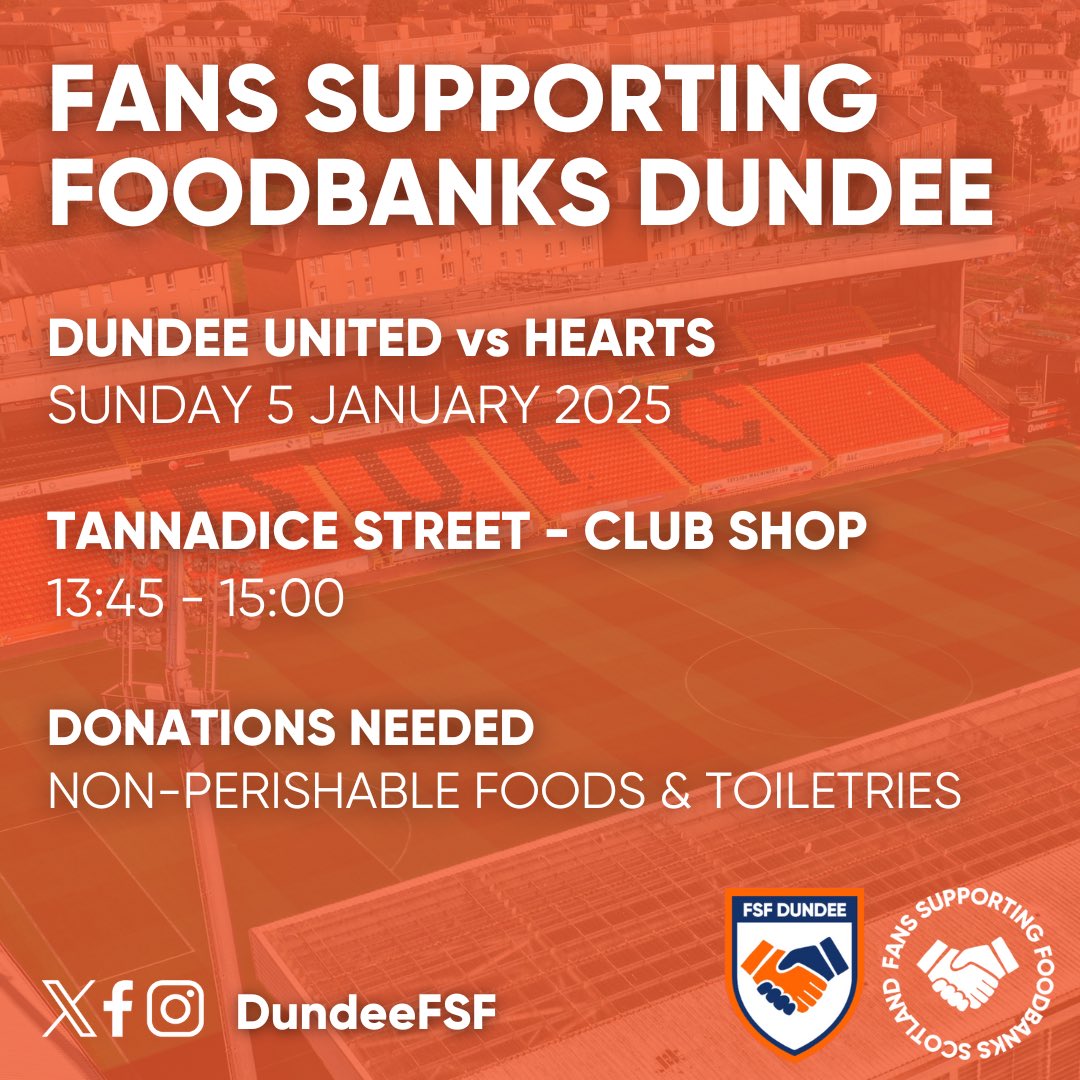 🥫 TANNADICE COLLECTION 

We will be at Tannadice today ahead of <a href="/dundeeunitedfc/">Dundee United FC</a> vs <a href="/JamTarts/">Heart of Midlothian FC</a> 

Please consider donating some food or toiletries before kick off! 

Share this post &amp; help us spread the word 🤝