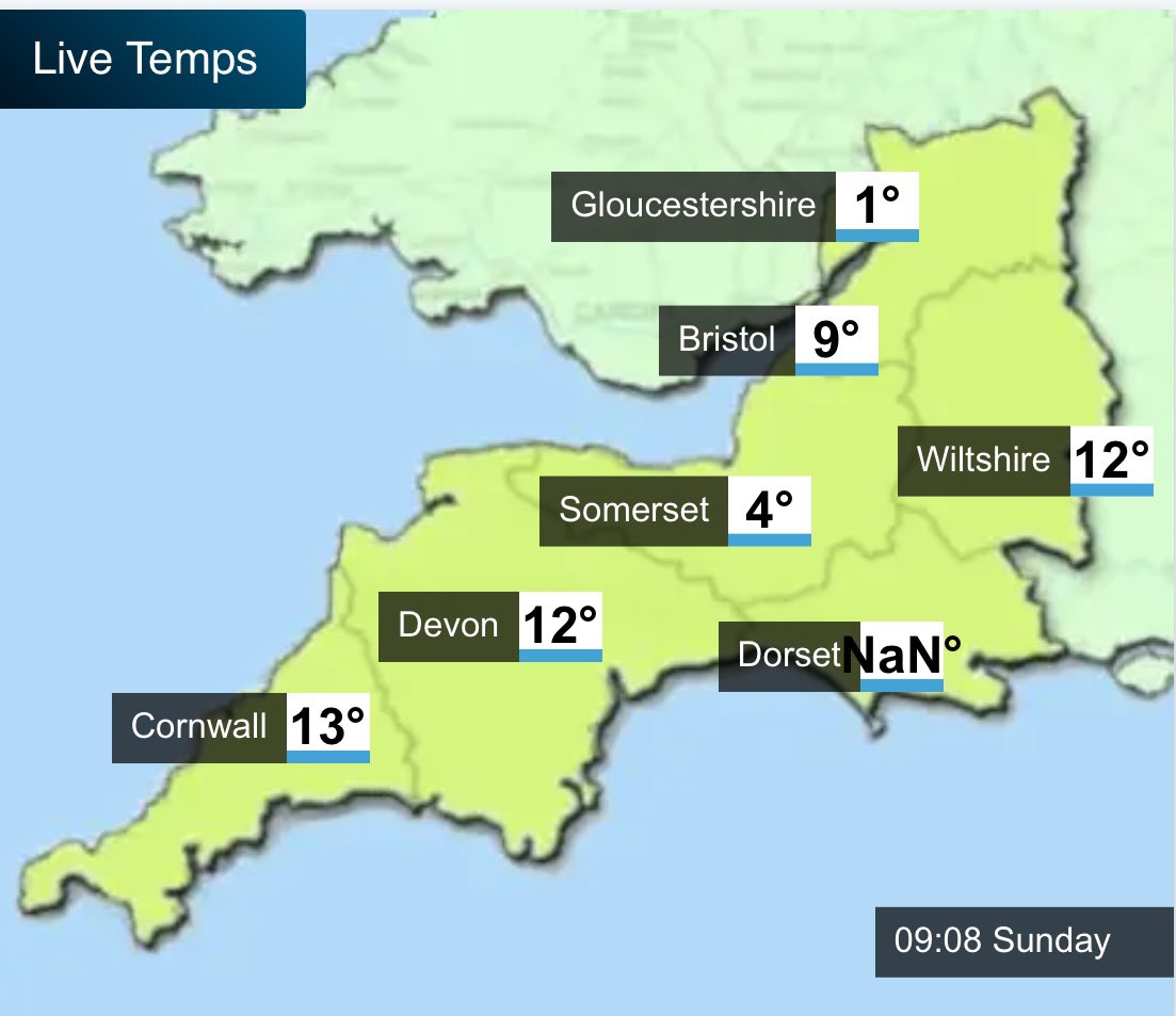 A notable temperature gradient this morning.

Now a steamy 13°C in Cornwall and yet it’s still freezing in parts of Gloucestershire.
Warmer air pushing northwards through the morning, should see #uksnow turning to slush
