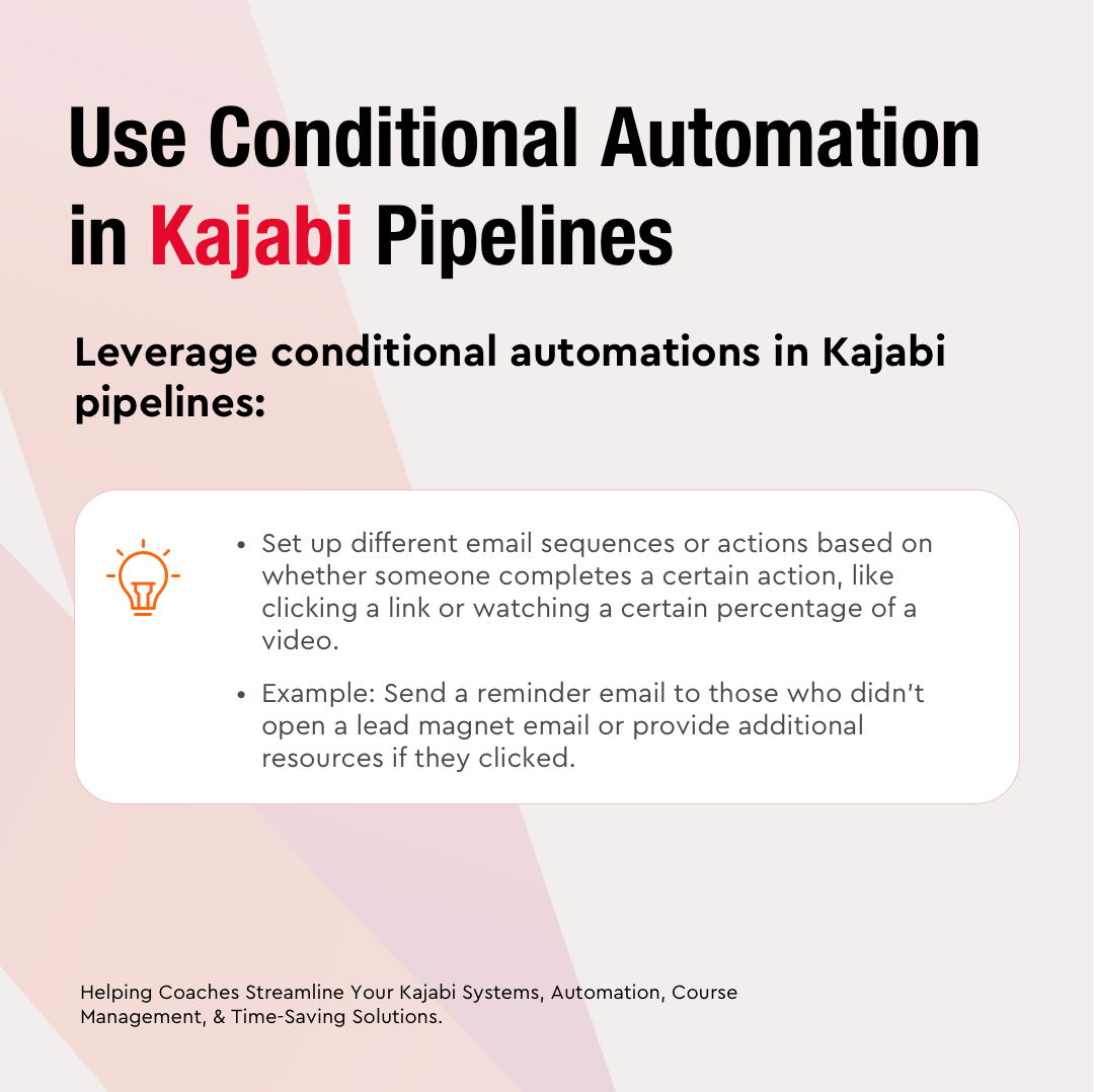 hermanr_va's tweet photo. Leverage conditional automations in Kajabi pipelines:
👍 Create email actions based on user interactions, like link clicks or video engagement.
👍 Send a reminder email to non-openers of the lead magnet email.

#conditionalautomation #pipelines #kajabi #emailmarketing #automation https://t.co/BTDsARVPo3