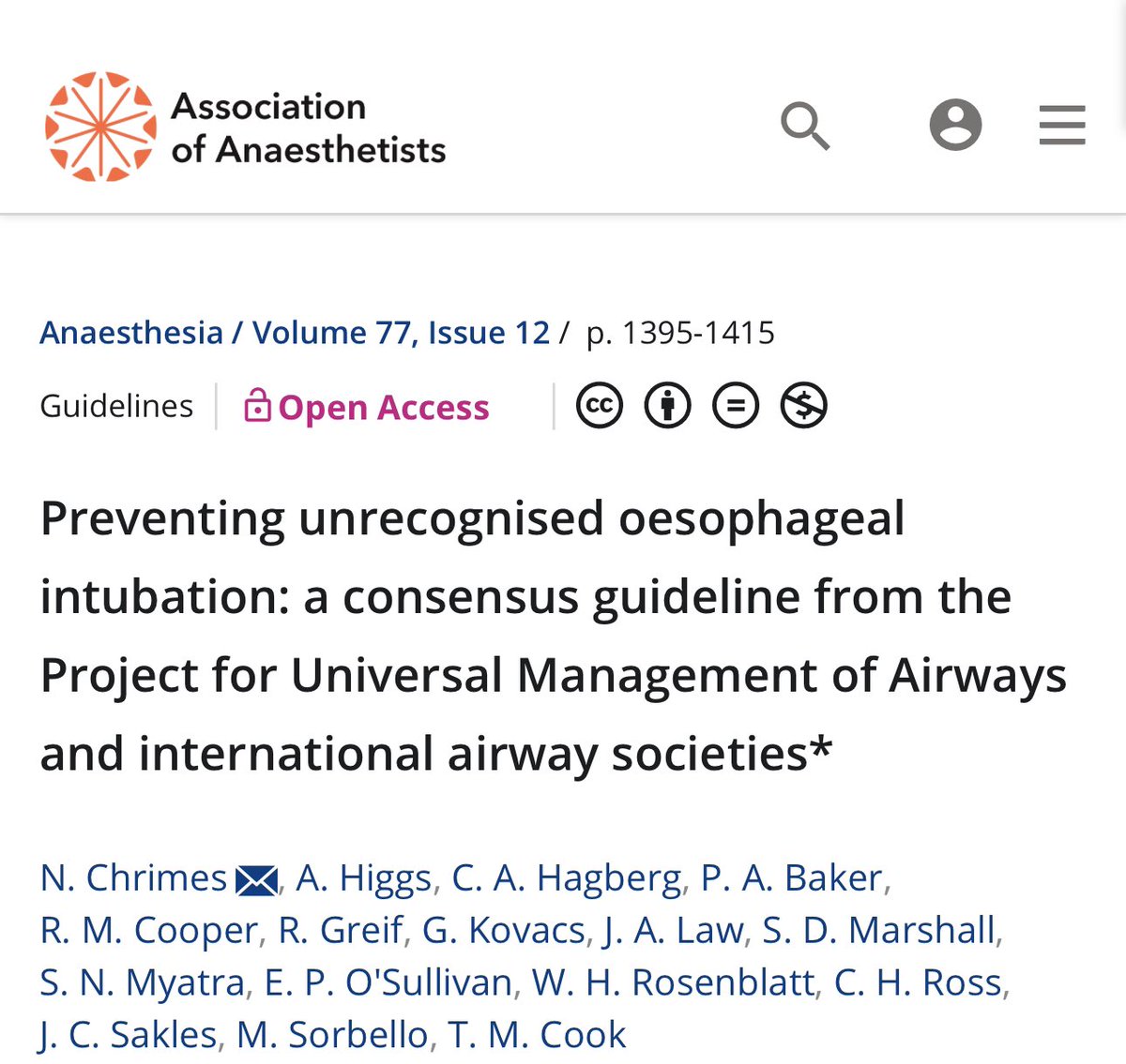 Tim Cook (@doctimcook) on Twitter photo <a href="/DrGeorgeHarvey/">George Harvey</a> <a href="/BJAJournals/">British Journal of Anaesthesia</a> The PUMA guidelines for the prevention of oesophageal intubation are endorsed or supported by
-Royal Colege of Anaesthetists
-Association of Anaesthetists
-Faculty of Intensive Care Medicine
-Intensive care Society
-College of ODPs
-Difficult Airway Society
This is true of no <a href="/DrGeorgeHarvey/">George Harvey</a> <a href="/BJAJournals/">British Journal of Anaesthesia</a> The PUMA guidelines for the prevention of oesophageal intubation are endorsed or supported by
-Royal Colege of Anaesthetists
-Association of Anaesthetists
-Faculty of Intensive Care Medicine
-Intensive care Society
-College of ODPs
-Difficult Airway Society
This is true of no