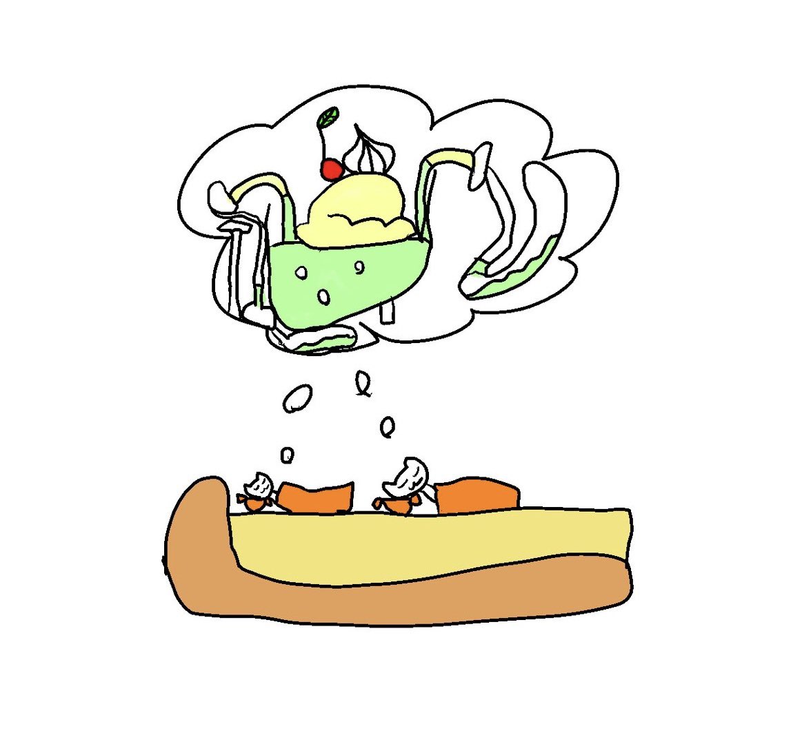 「子供の描いたチーズケーキのベッドに寝ている猫がクリームソーダの夢を見ている絵です」|turugaのイラスト