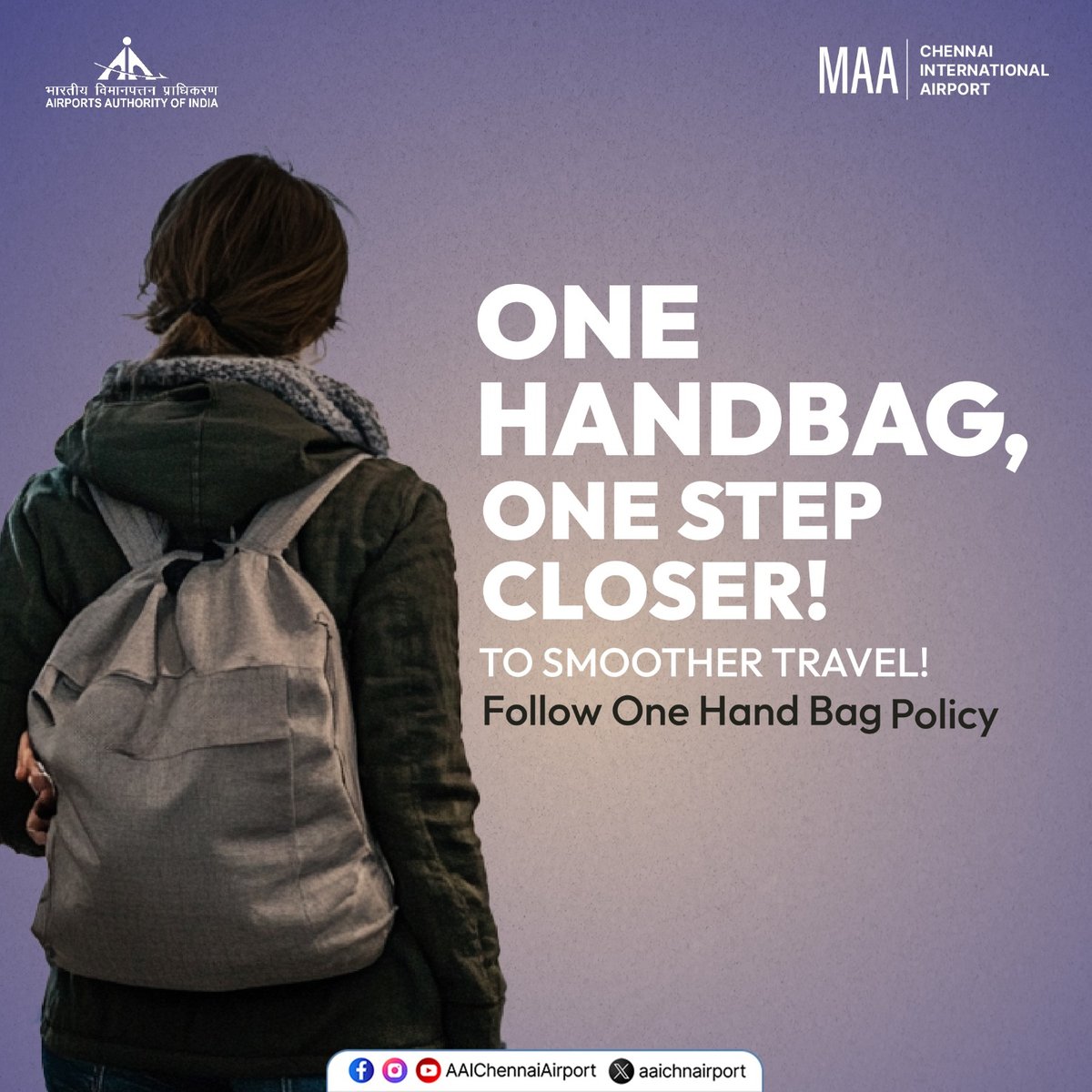 aaichnairport's tweet photo. Effortless travel starts with smart choices!
Follow the "One Hand Bag" policy at #ChennaiAirport for a smooth and hassle-free experience. Make your journey easier while helping maintain a seamless flow for all.
#ChennaiAirport #AAIAirports #OneHandBagPolicy #HandBaggage
@MoCA_GoI | @AAI_Official