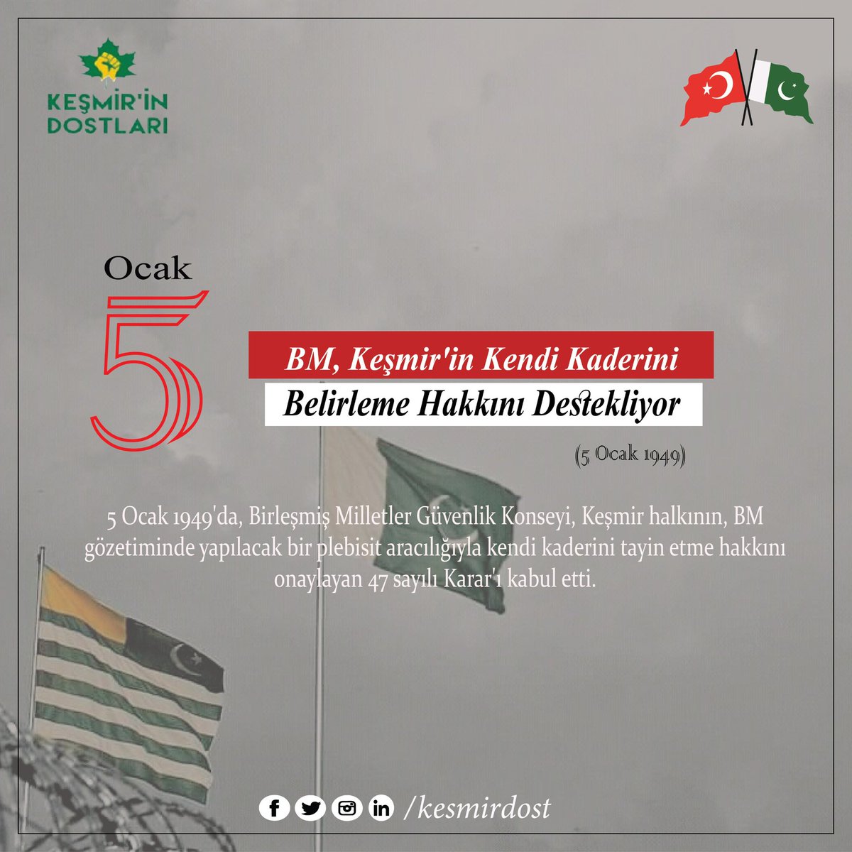 kesmirdost's tweet photo. BM, Keşmir’in Kendi Kaderini Belirleme Hakkını Destekliyor (5 Ocak 1949)
5 Ocak 1949’da, Birleşmiş Milletler Güvenlik Konseyi, Keşmir halkının, BM gözetiminde yapılacak bir plebisit aracılığıyla kendi kaderini tayin etme hakkını onaylayan 47 sayılı Karar’ı kabul etti.

#keşmir https://t.co/IZsWElaHPO
