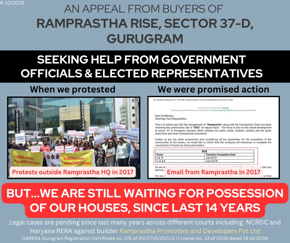 Seeking help for our flats! (@diveshsingla) on Twitter photo Waiting for possession of flats since 14 years
Demanding action against Ramprastha Promoters and Developers
<a href="/narendramodi/">Narendra Modi</a> <a href="/rprise37d/">Ramprastha Rise Buyers</a> <a href="/cmohry/">CMO Haryana</a> @nayabsainibjp <a href="/hareragurugram3/">harera gurugram</a> <a href="/MukeshSharmaGG/">Mukesh Sharma (मोदी का परिवार)</a> @pmoindia <a href="/mlkhattar/">Manohar Lal</a> @Rao_Inderjits <a href="/dir_ed/">ED</a> <a href="/indSupremeCourt/">Supreme Court of India</a> <a href="/BhupinderShooda/">Bhupinder Singh Hooda</a> Waiting for possession of flats since 14 years
Demanding action against Ramprastha Promoters and Developers
<a href="/narendramodi/">Narendra Modi</a> <a href="/rprise37d/">Ramprastha Rise Buyers</a> <a href="/cmohry/">CMO Haryana</a> @nayabsainibjp <a href="/hareragurugram3/">harera gurugram</a> <a href="/MukeshSharmaGG/">Mukesh Sharma (मोदी का परिवार)</a> @pmoindia <a href="/mlkhattar/">Manohar Lal</a> @Rao_Inderjits <a href="/dir_ed/">ED</a> <a href="/indSupremeCourt/">Supreme Court of India</a> <a href="/BhupinderShooda/">Bhupinder Singh Hooda</a>