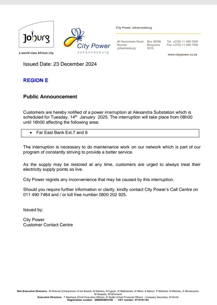 CityPowerJhb's tweet photo. #CityPowerUpdates 
#AlexandraSubstation 
#PlannedMaintanance 

Customers are hereby notified of a power interruption at Alexandra Substation which is scheduled for Tuesday, 14th  January  2025. ^MB https://t.co/w7KOAgdnZr