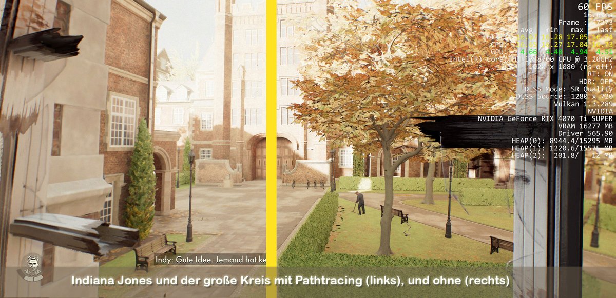 Indiana Jones with and without pathtracing on a poorly lit scene (Giant's Pendant in Marshall College). #raytracing #pathtracing #indianajonesandthegreatcircle
