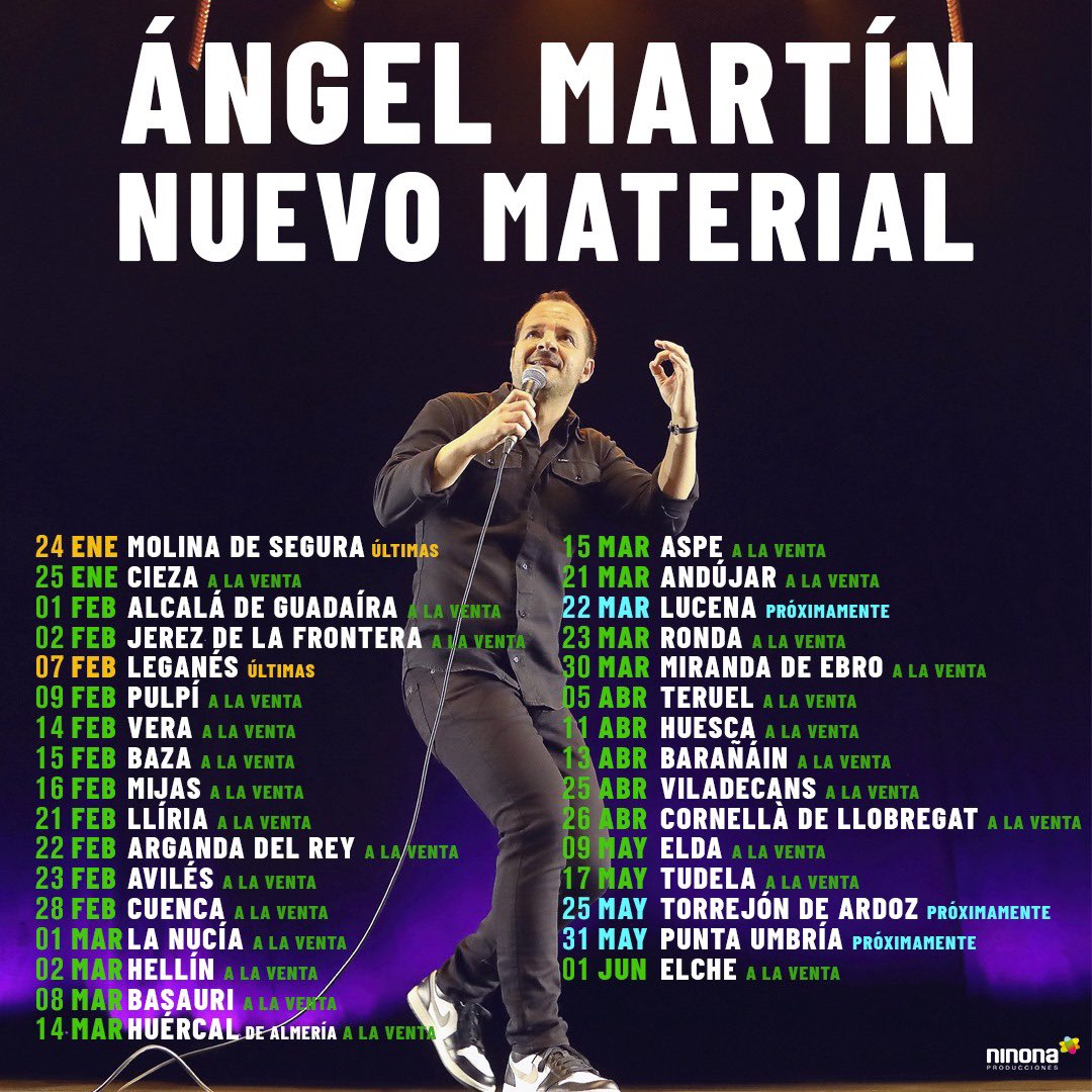 angelmartin_nc's tweet photo. Con el adiós a “Punto para los locos” llegó la pregunta inevitable:
“¿Y ahora qué?”

Pues ahora toca jugar.
 
El 24 de enero arranco una pequeña gira llamada “Nuevo Material”.
 
Una pequeña gira que, además, he querido hacerla en ciudades que no solemos visitar y recintos más pequeños para volver a sentir la cercanía de los que decidáis venir a compartir una noche conmigo.

Esto lo aviso porque, si alguna ciudad te viene bien, dejar lo de pillar entrada para más tarde podría significar que cuando quieras ya no queden.
 
Y gracias a los que esto ya lo sabíais porque estáis suscritos a mi web, y me estáis escribiendo contando que ya tenéis entradas.

Es un subidón comprobar que para algunas funciones quedan ya pocas entradas.

Si te cuadra, tienes toda la info en  https://t.co/RqmESz7wu5 

Ojalá te apetezca venir, tanto como me apetece a mí que vengas.
 
Te quiero mucho.
A hacer cosas 😉 

Pd:
A medida que salgan más ciudades, os lo chivo.