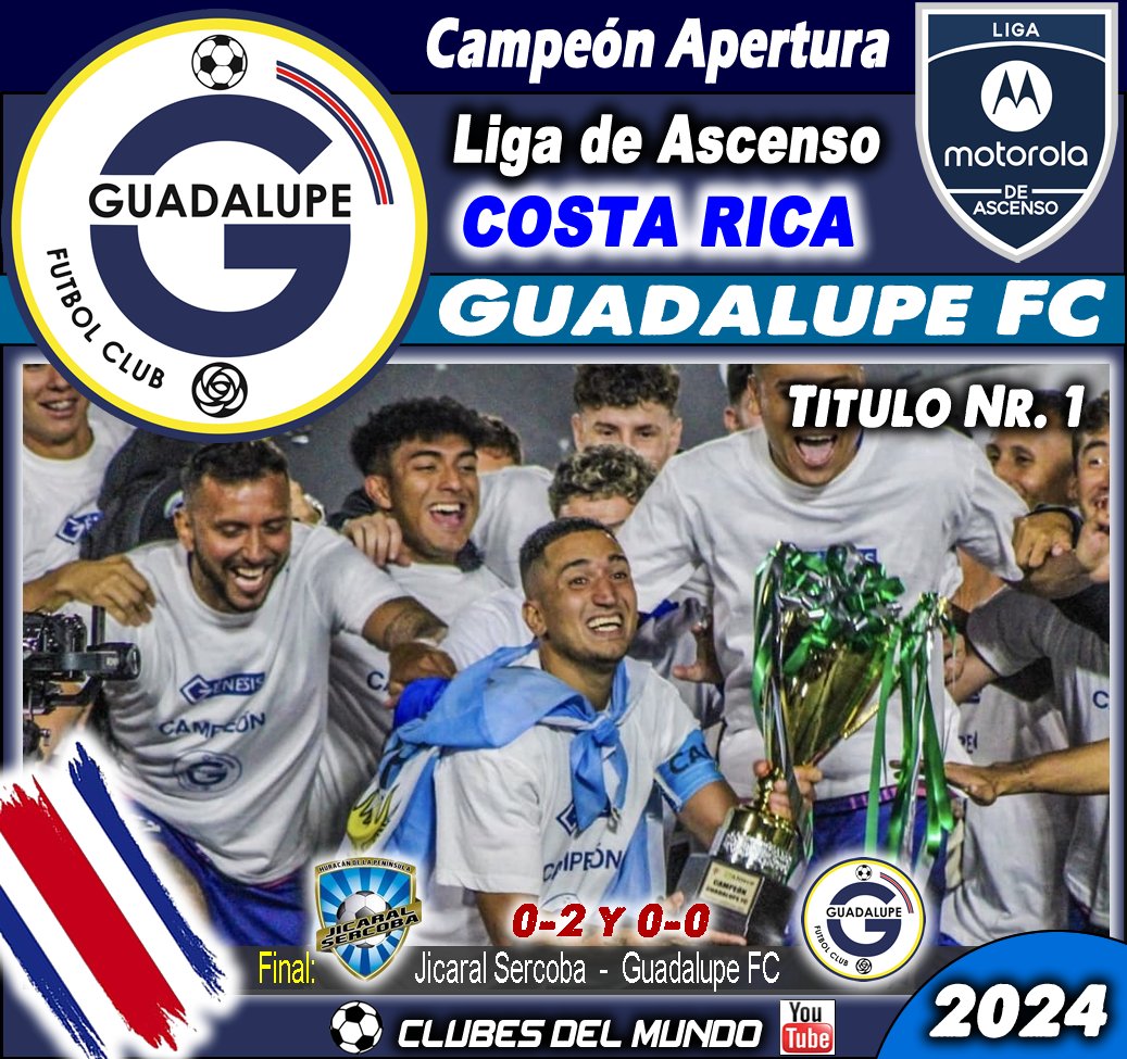 ClubsDelMundo's tweet photo. Y en COSTA RICA, el GUADALUPE FC se proclama Campeón del Apertura de la Liga de Ascenso al vencer en la final a Jicaral. Enhorabuena. #GuadalupeFC #CostaRica #Goicoechea #vamosguada #somosguada #somosguadalupanos @guadalupefccr https://t.co/lQivF0eVbI