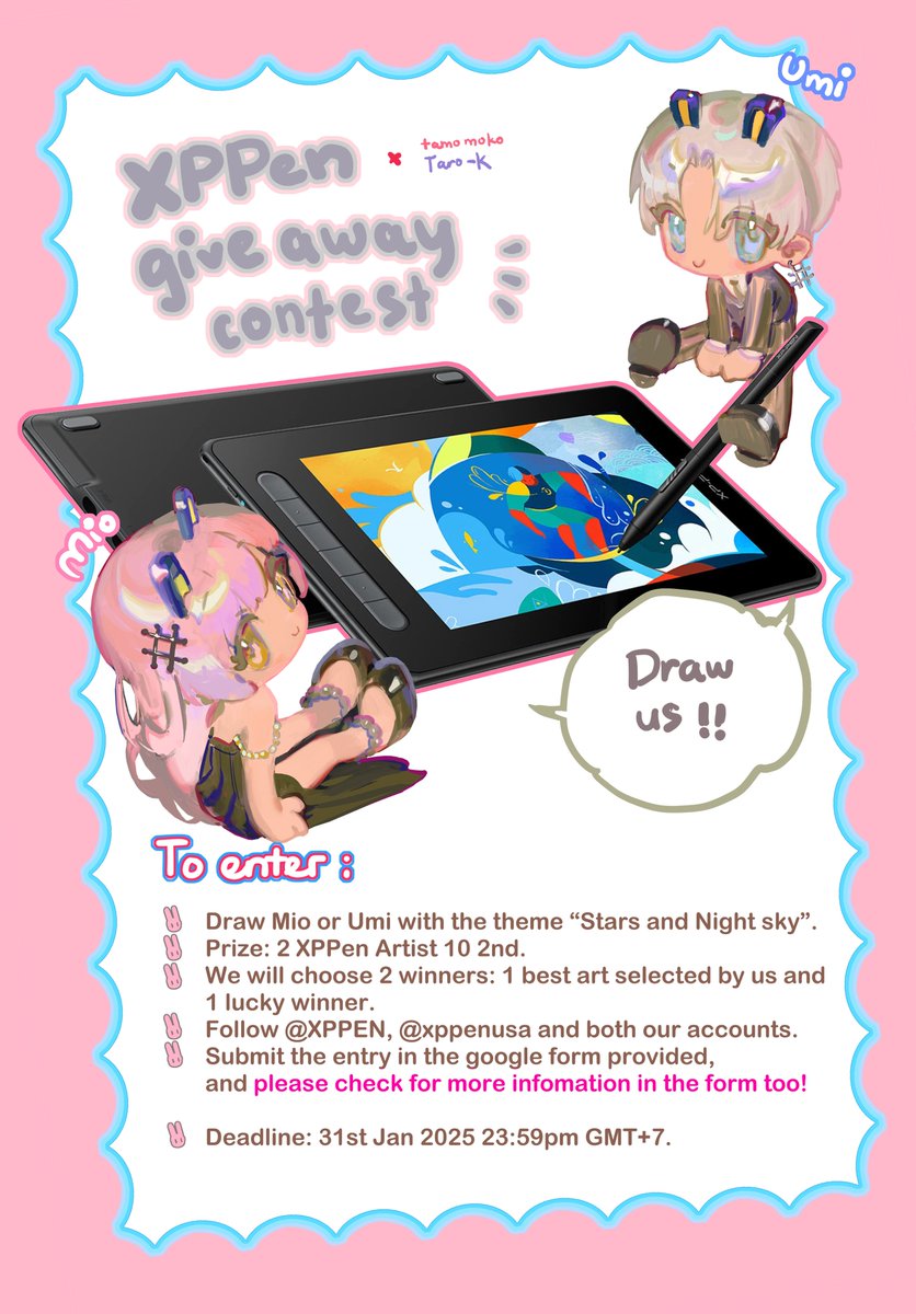⭐️XPPEN GIVEAWAY CONTEST⭐️
In collaboration with @xppenusa, we're giving-away 2 XPPen Artist 10 2nd tablets!
Please check the google form below!
Deadline 31st Jan 2025 23:59pm GMT+7
Have a happy giveaway!