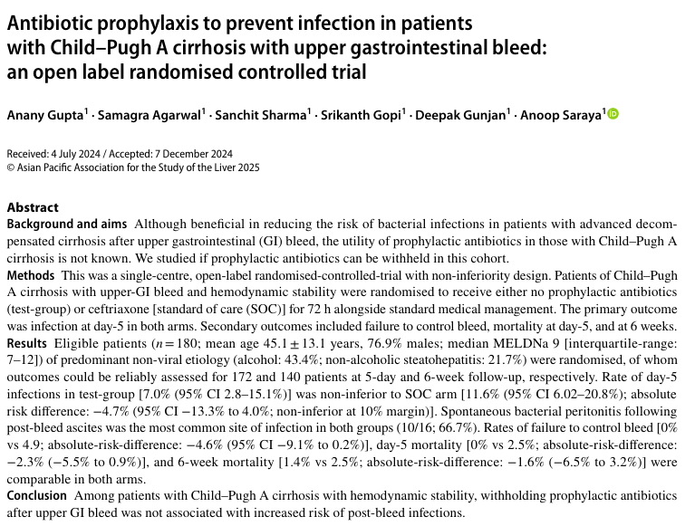 🔥RCT: Antibiotic prophylaxis in CTP-A #cirrhosis with 🩸

✅Similar 6-week ☠️
✅Numerical higher risk of 🩸 &amp;🦠 (esp SBP)

Most 🦠 occur &lt; 5 days of 🩸

#livertwitter #GITwitter #liverX

Opportunity to reduce 💊 prophylaxis in low-risk non-ascites pts?