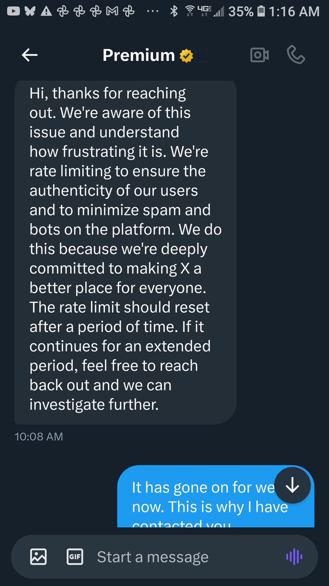 SGDesign206's tweet photo. Save your money. Getting "verified" on X doesn't help your views if you're a Democrat account. Premium helpline has been trained to tell us they're "rate limiting" us to see if we're a bot (even though we're verified.) #XLies #XFreeSpeech https://t.co/RXPSaep445