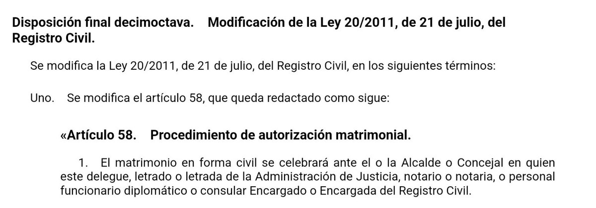 ForoRegCivil's tweet photo. Al entrar en vigor la LO 1/2025 a partir del 4 de marzo los jueces de paz ya no podrán celebrar matrimonios, al cambiar el artículo 58 de la ley 20/2011 de registro civil.
Sí podrán hacerlo en los JdP donde aún no sea efectiva la aplicación de dicha ley ( vigente desde el 2021) https://t.co/4F6YSYrG0y