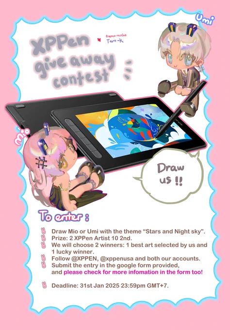 ⭐️XPPEN GIVEAWAY CONTEST⭐️
In collaboration with @xppenusa, we're giving-away 2 XPPen Artist 10 2nd tablets!  
Please check the google form below!  
Deadline 31st Jan 2025 23:59pm GMT+7    

Have a happy giveaway! 