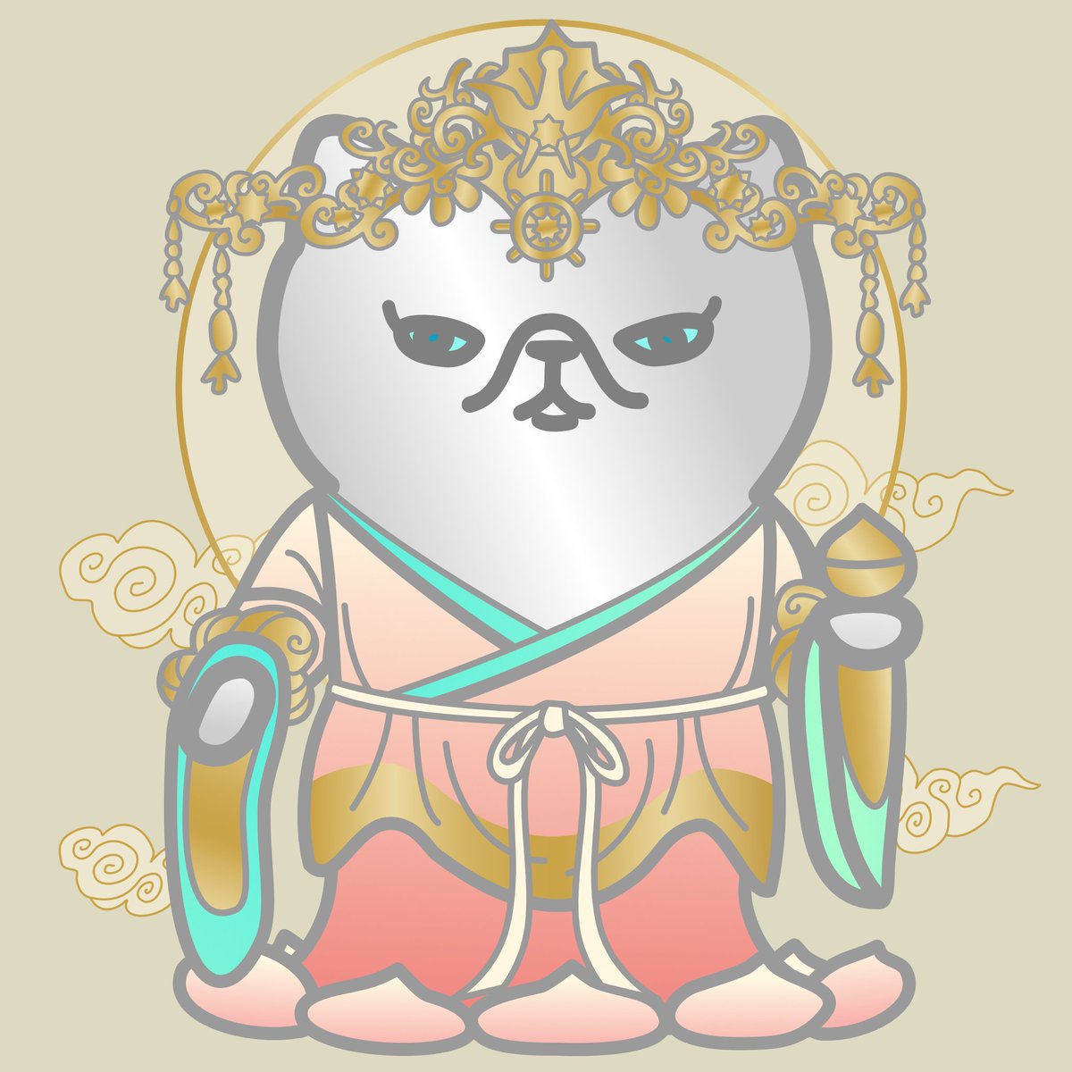 umuco_digital's tweet photo. 【いやさか作品解説】吉祥天（きっしょうてん）
美、幸福、繁栄を象徴する女神。豊穣や富をもたらし、家庭や女性の守護神として信仰されている。インドの女神ラクシュミーが仏教に取り入れられた存在で、家庭円満や子孫繁栄を願い祀られる。

🌿吉祥天をモチーフに選んだ理由
土着信仰の強いヒンドゥー由来の天部様は現世利益や暮らしに直接救いをもたらせる存在として人気があります。
吉祥天は仏教において父は徳叉迦（とくさか）、母は鬼子母神、夫を毘沙門天とする独特なポジション。
ラクシュミーは手のひらから金貨が溢れ出るイメージで描かれ、富や財に関わる福徳を象徴しています。
経済が不安定な時代において「お金」に対してマイナスイメージをもつ人も多い中、富や財に対して自然のような豊穣のイメージをへと書き換えるような存在を描きたいと考えました。

🌿アートの特徴
女性らしさや美しさを配色や構図で表現。ボディの向きや目線などを工夫することで、曲線的な印象を生み出しています。衣装や冠などにも繊細な装飾を施し、美の女神の雰囲気をつくっています。ボディカラー、衣装や背景の配色も多様で、一眼見て華やかな印象を与える色使いを大事にしました。
味わい楽しむ五感的な豊かさがあるからこそ、富や豊穣を得ることができる。そんなメッセージを込めたビジュアルイメージに仕上げました。ウォレットが一気に華やかになる、まさに幸福の女神の象徴を描きました。

🌿暗号
仏様のポーズ、手印、装飾、髪型などにはもともと全てに意味があるため、彌榮コレクションでも余計なアレンジは加えずなるべく忠実に描くようにしています。
左手に持つ玉はどんな願いも叶える宝珠。足元には水に浮かぶ蓮を描き、水辺の女神ラクシュミーの象徴を残すことで水神の豊かさのモチーフとしています。#umc