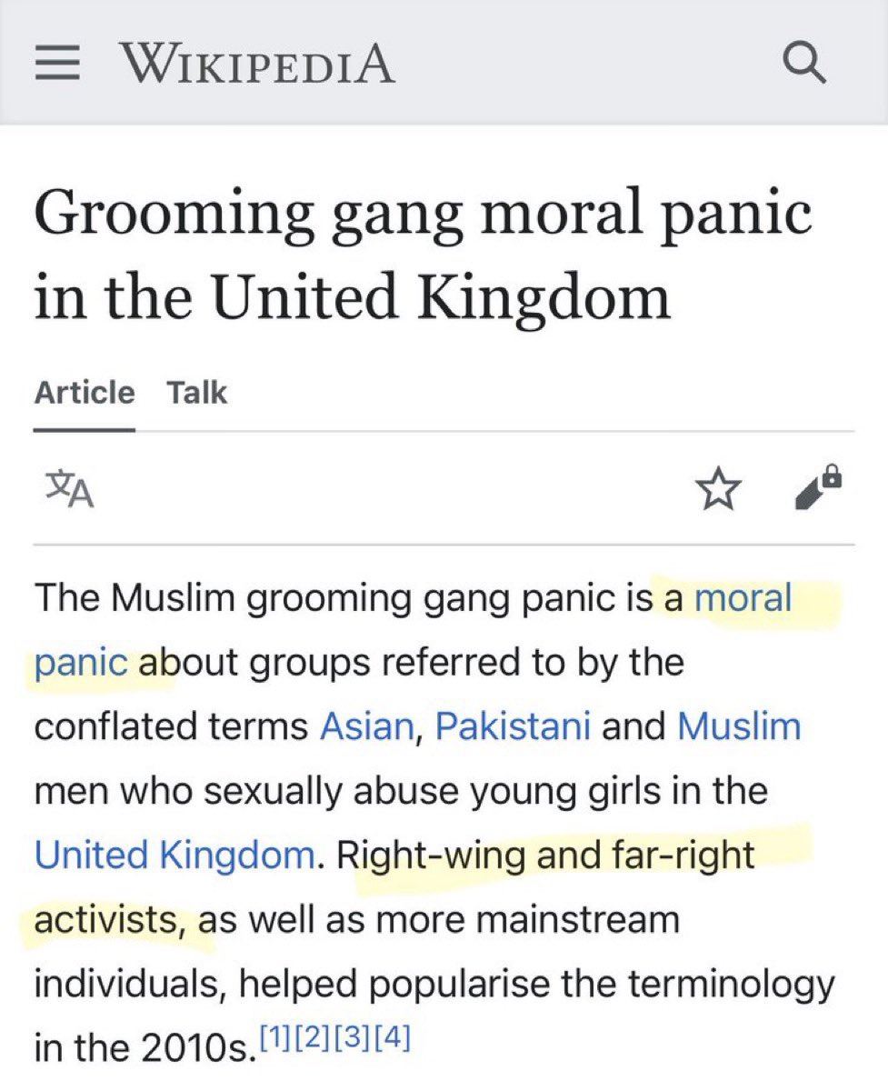 Dear <a href="/Wikipedia/">Wikipedia</a>,

Pakistani-Muslim grooming gangs aren’t a “moral panic” created by the far-Right.

They are real. And are responsible for the systematic rape, abuse, and murder of thousands of little girls across the UK.

Shame on you.
Remove this disgusting article.
