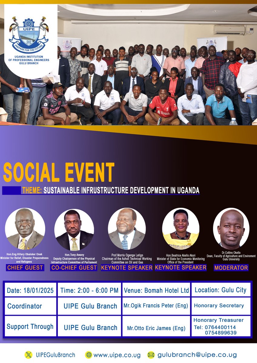 UIPEGuluBranch's tweet photo. #ExcitingNews
INVITED!
#UIPEMembers #UIPENonMembers &amp; #StakeHolders
Date: 18/01/2025
@MESMakerere,@KYUES2023,@NUESA22,@UCU_EngEnvt,@KIUESociety,@iuea_uganda,@kess0fficial,@mues_must,@GUESA_,@UBTEB,@BoscolepiLepi,@dkeesiga,@EngAMuhwezi,@NWSCMD,@GenWamala,@muten https://t.co/S8c45i7uAI