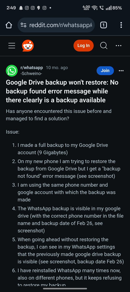 Aman47_tweets's tweet photo. @WhatsApp @Meta I have backup data on my Google Drive but I'm unable to restore it. Can you please assist me in recovering my chat data? (People have been suffering from this problem for a year please help it's really important data) #WhatsAppBackup #GoogleDrive #help https://t.co/KYwwCPe5Tv