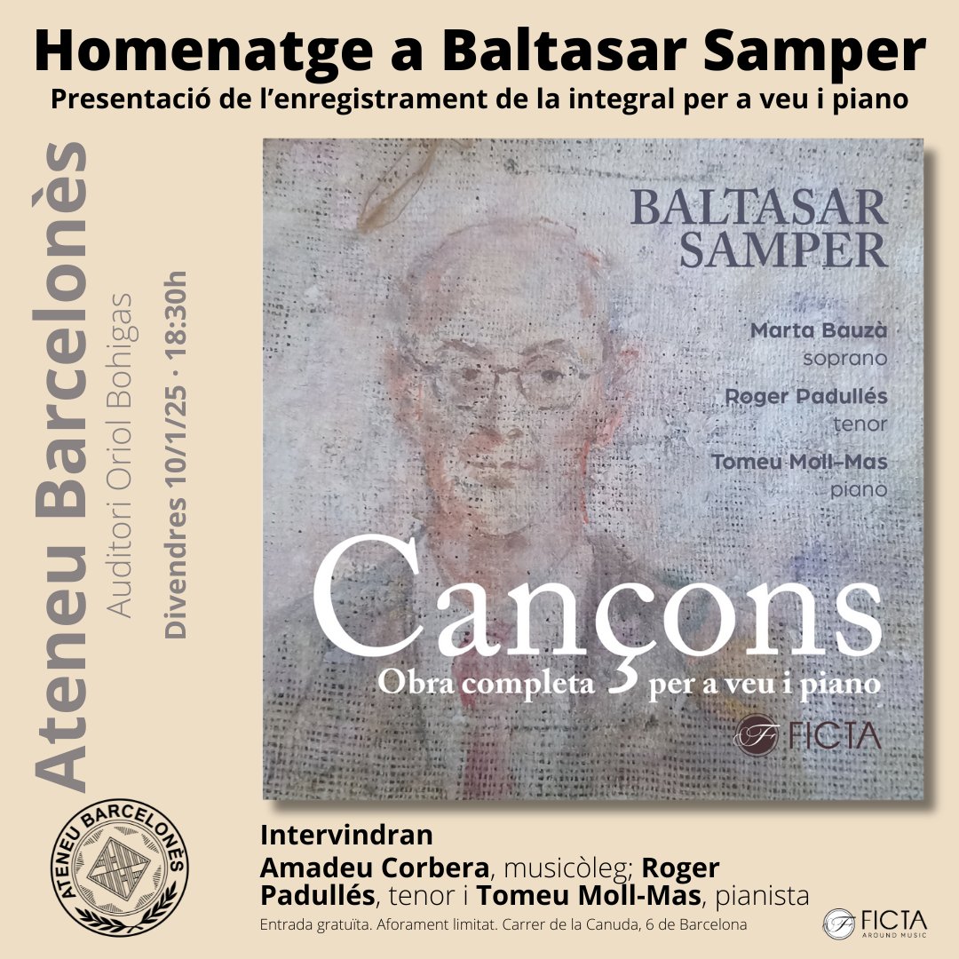 Divendres 10 de gener teniu una cita amb #BaltasarSamper a l'@ateneubcn.
N'Amadeu Corbera ens parlarà de les seves cançons i de la seva vinculació amb Barcelona i l'Ateneu Barcelonès.
En <a href="/RogerPadulles/">Roger Padullés</a> acompanyat per <a href="/tameiou/">Tomeu Moll-Mas</a> ens cantaran algunes de les seves cançons.
Vindreu?
