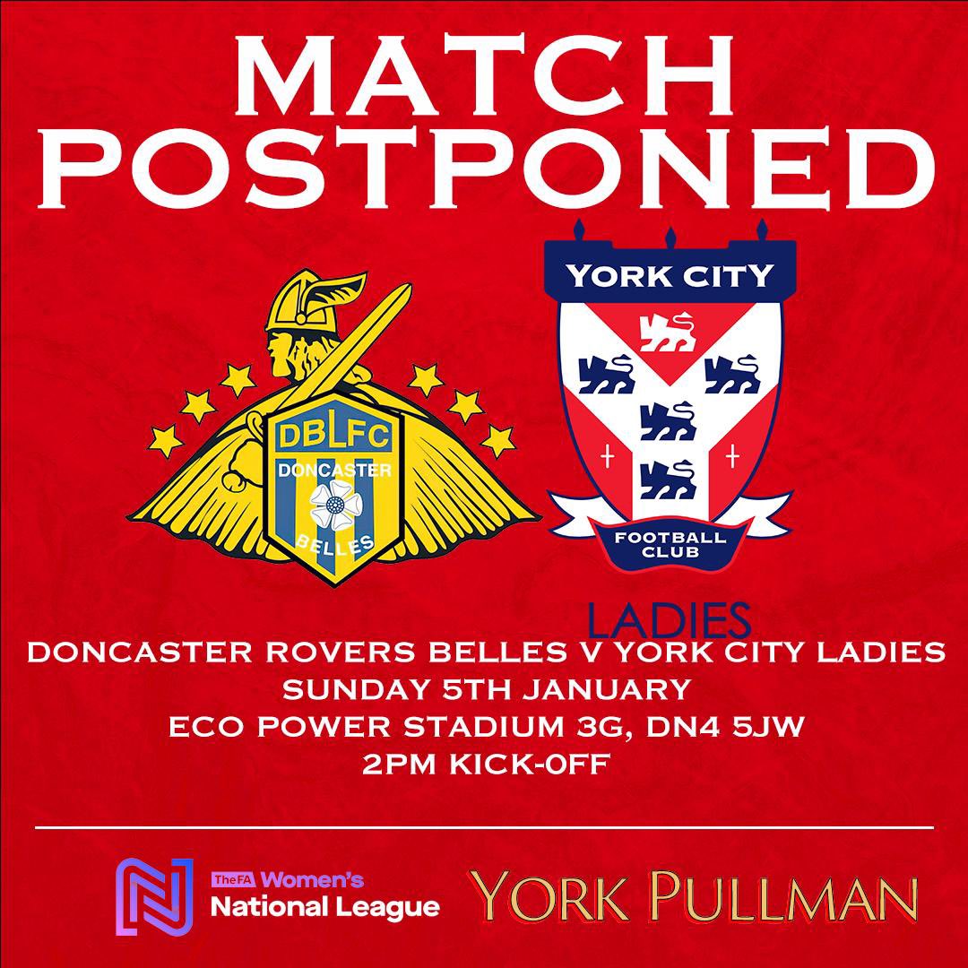 ❌ Match Postponed 

Following the snow overnight, this afternoon’s game against Doncaster Rovers Belles has been postponed.

The Reserves league game against Stockport County Devlopment has also been postponed due to the weather!

#YCLFC #MinsterBelles