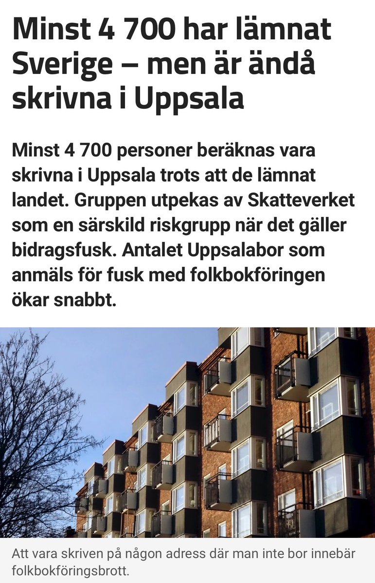 mariarosandersd's tweet photo. Folkbokföringsbrott! 

I @untse⁩ skriver man om det ökade problemet i ⁦@Uppsalakommun⁩ idag. 
I morgon kommer jag följa upp frågan mer ingående här. 
Hotet mot det svenska välfärdssystemet måste stoppas! https://t.co/dbvDxKizRg